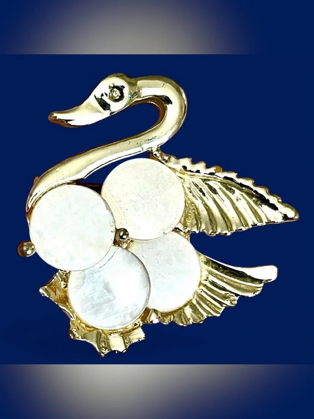Vintage 1970s Swan Mother of Pearl Discs Brooch Pin Gold Tone Romantic Nautical